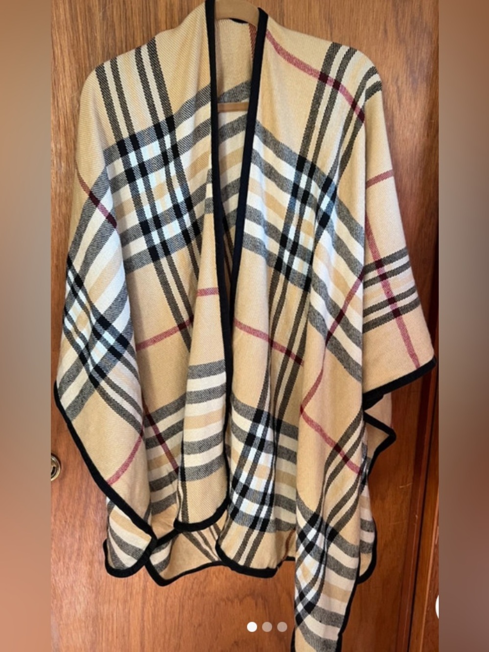 Plaid Wrap Cape with Black Trim - Beige Check Cape